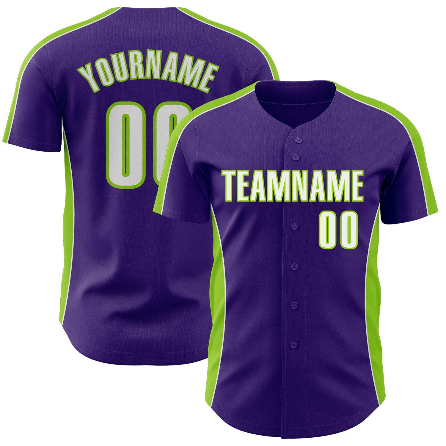 Custom Purple White-Neon Green Classic Color Block Side Panel Stripe Authentic Baseball Jersey - Main View