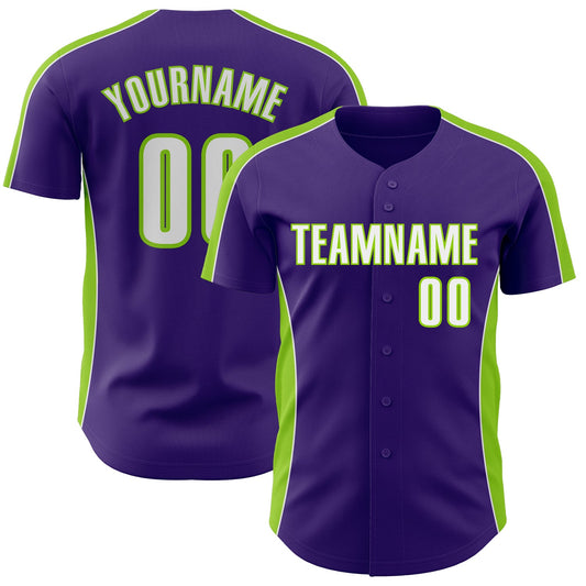 Custom Purple White-Neon Green Classic Color Block Side Panel Stripe Authentic Baseball Jersey - Main View