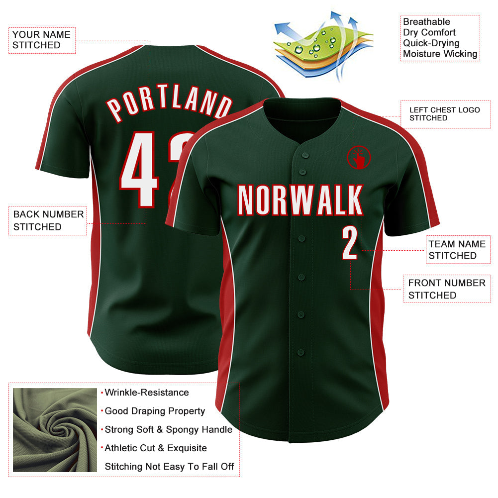 Custom Green White-Red Classic Color Block Side Panel Stripe Authentic Baseball Jersey view 3