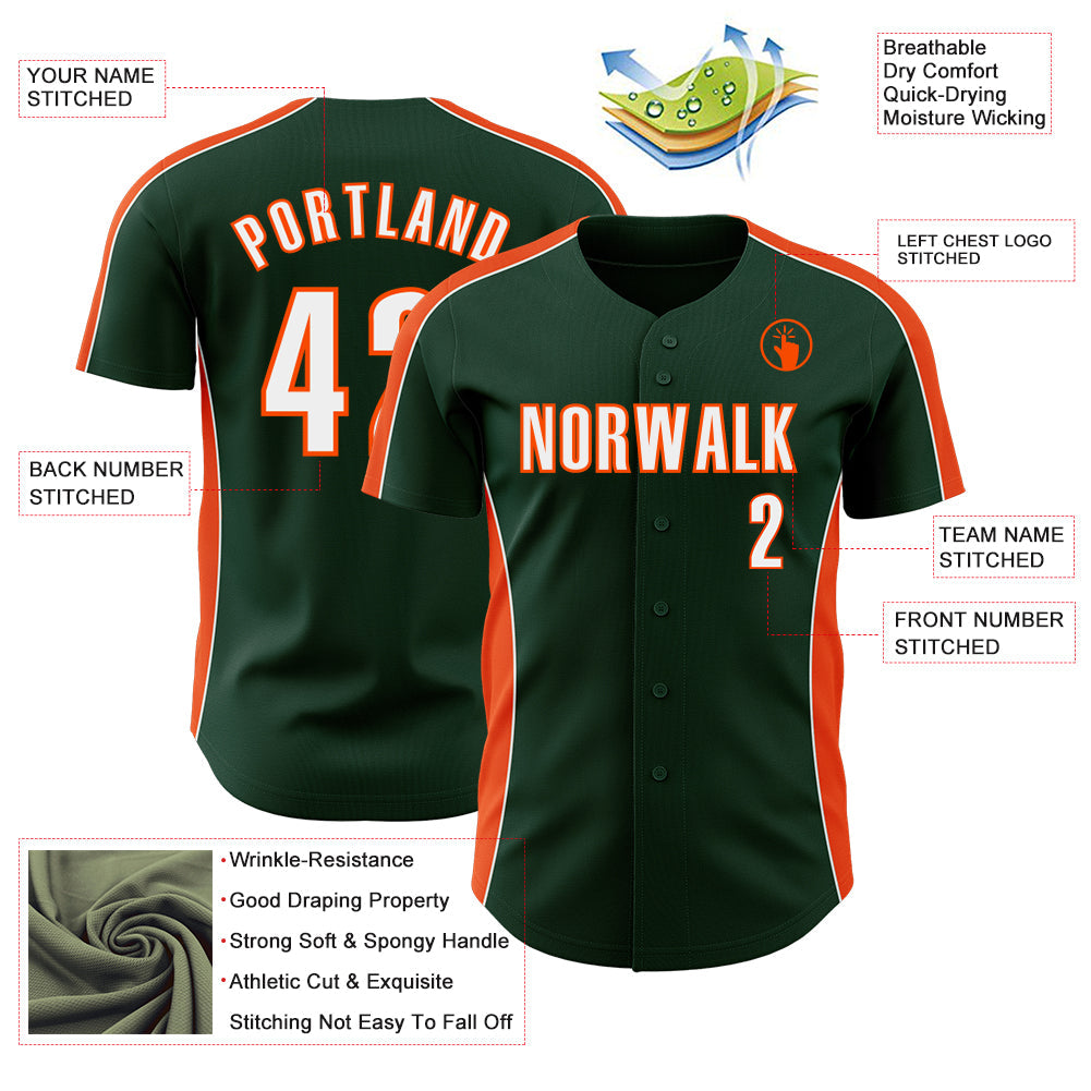 Custom Green White-Orange Classic Color Block Side Panel Stripe Authentic Baseball Jersey view 3