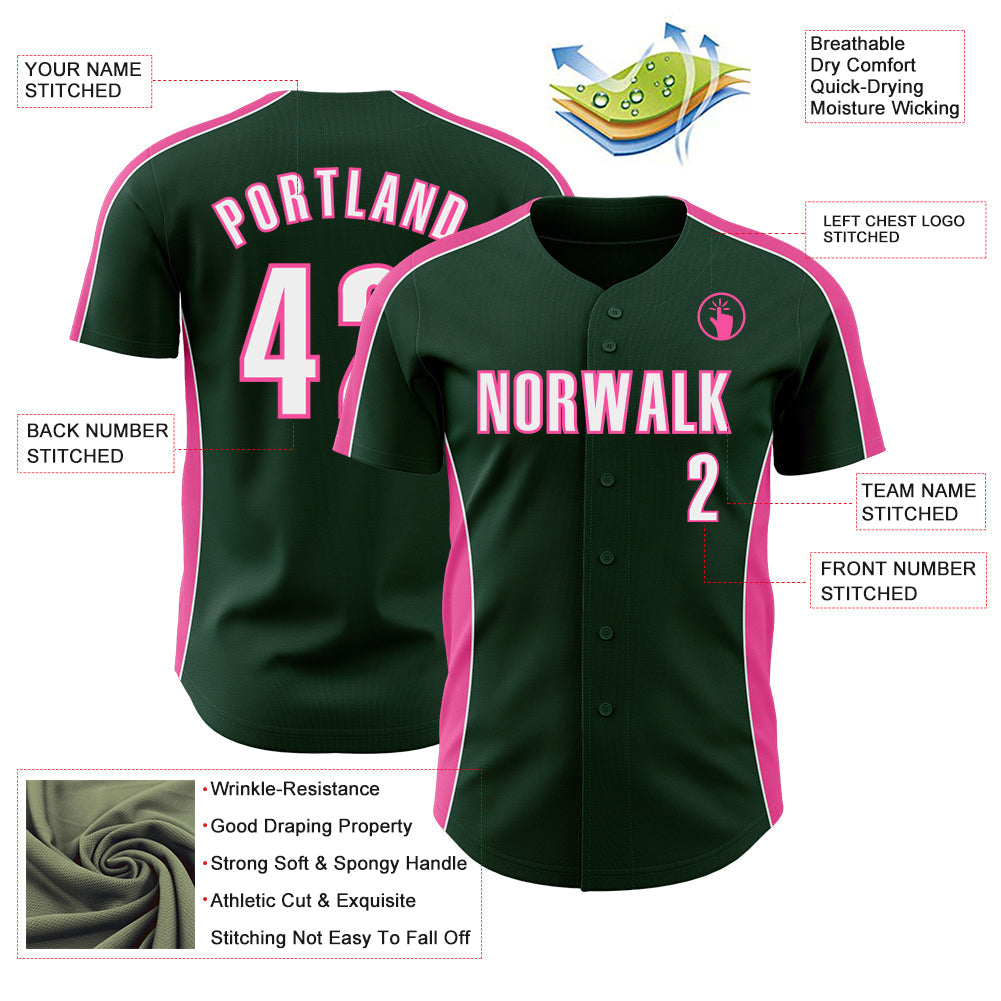 Custom Green White-Pink Classic Color Block Side Panel Stripe Authentic Baseball Jersey view 3