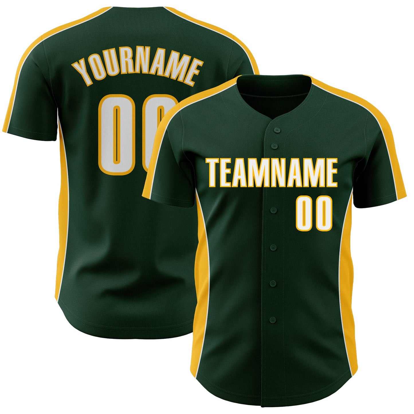 Custom Green White-Gold Classic Color Block Side Panel Stripe Authentic Baseball Jersey - Main View