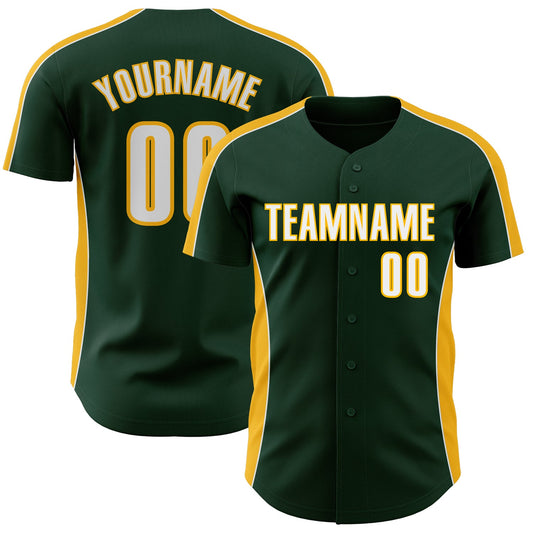 Custom Green White-Gold Classic Color Block Side Panel Stripe Authentic Baseball Jersey - Main View