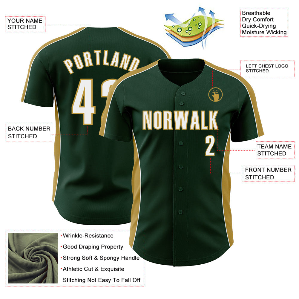 Custom Green White-Old Gold Classic Color Block Side Panel Stripe Authentic Baseball Jersey view 3