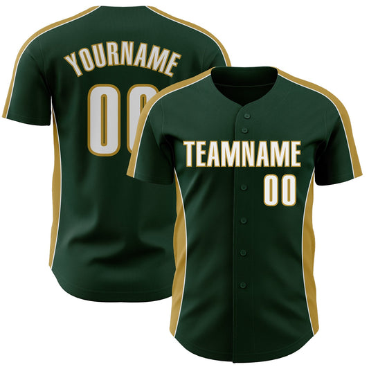 Custom Green White-Old Gold Classic Color Block Side Panel Stripe Authentic Baseball Jersey - Main View
