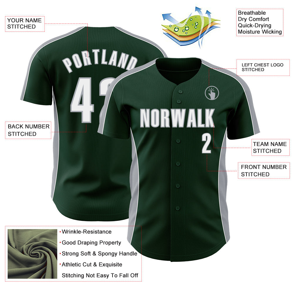 Custom Green White-Gray Classic Color Block Side Panel Stripe Authentic Baseball Jersey view 3