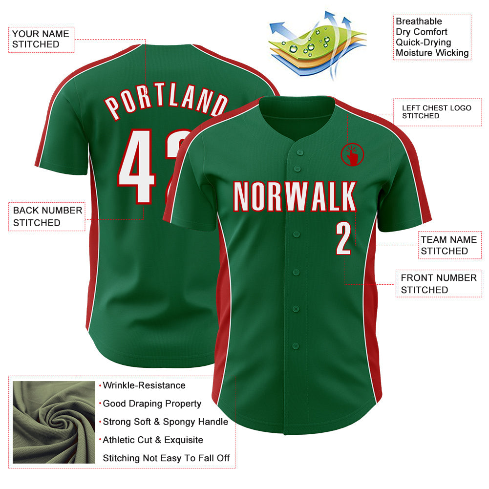 Custom Kelly Green White-Red Classic Color Block Side Panel Stripe Authentic Baseball Jersey view 3