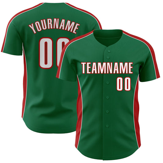 Custom Kelly Green White-Red Classic Color Block Side Panel Stripe Authentic Baseball Jersey - Main View