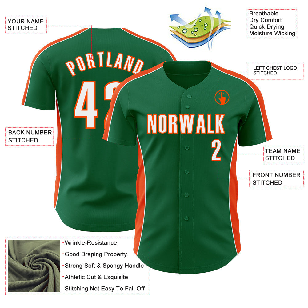 Custom Kelly Green White-Orange Classic Color Block Side Panel Stripe Authentic Baseball Jersey view 3
