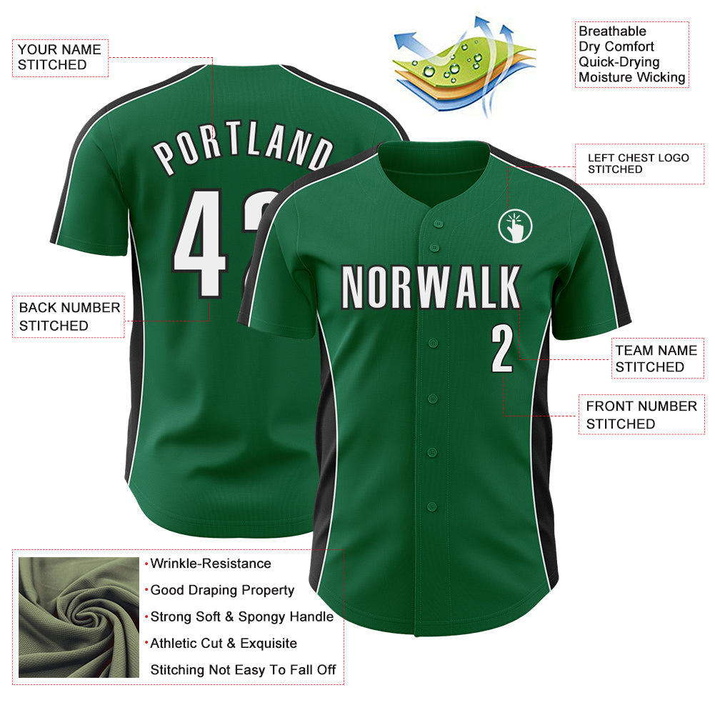Custom Kelly Green White-Black Classic Color Block Side Panel Stripe Authentic Baseball Jersey view 3