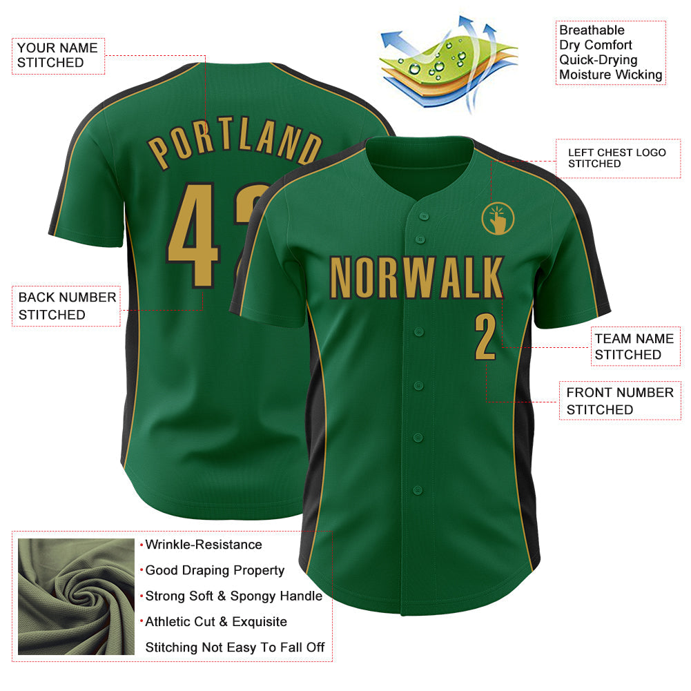 Custom Kelly Green Old Gold-Black Classic Color Block Side Panel Stripe Authentic Baseball Jersey view 3