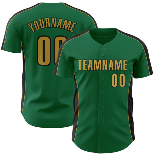 Custom Kelly Green Old Gold-Black Classic Color Block Side Panel Stripe Authentic Baseball Jersey - Main View
