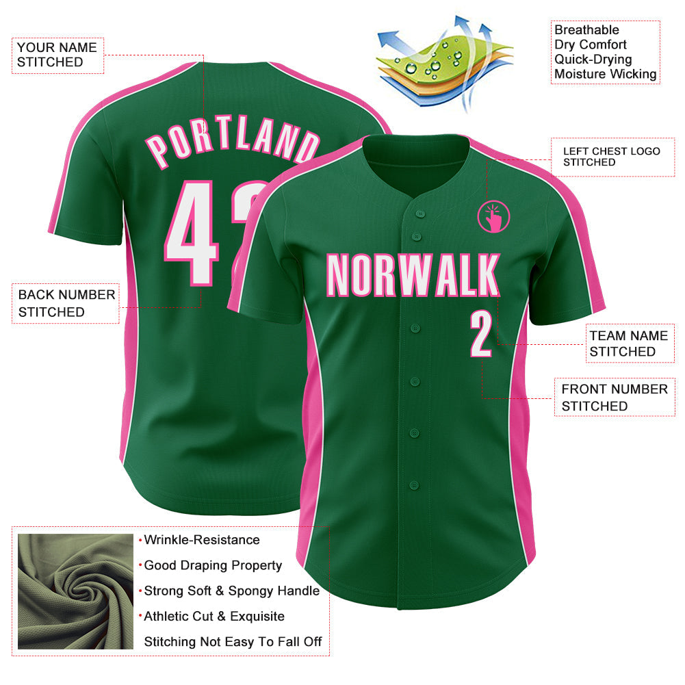 Custom Kelly Green White-Pink Classic Color Block Side Panel Stripe Authentic Baseball Jersey view 3