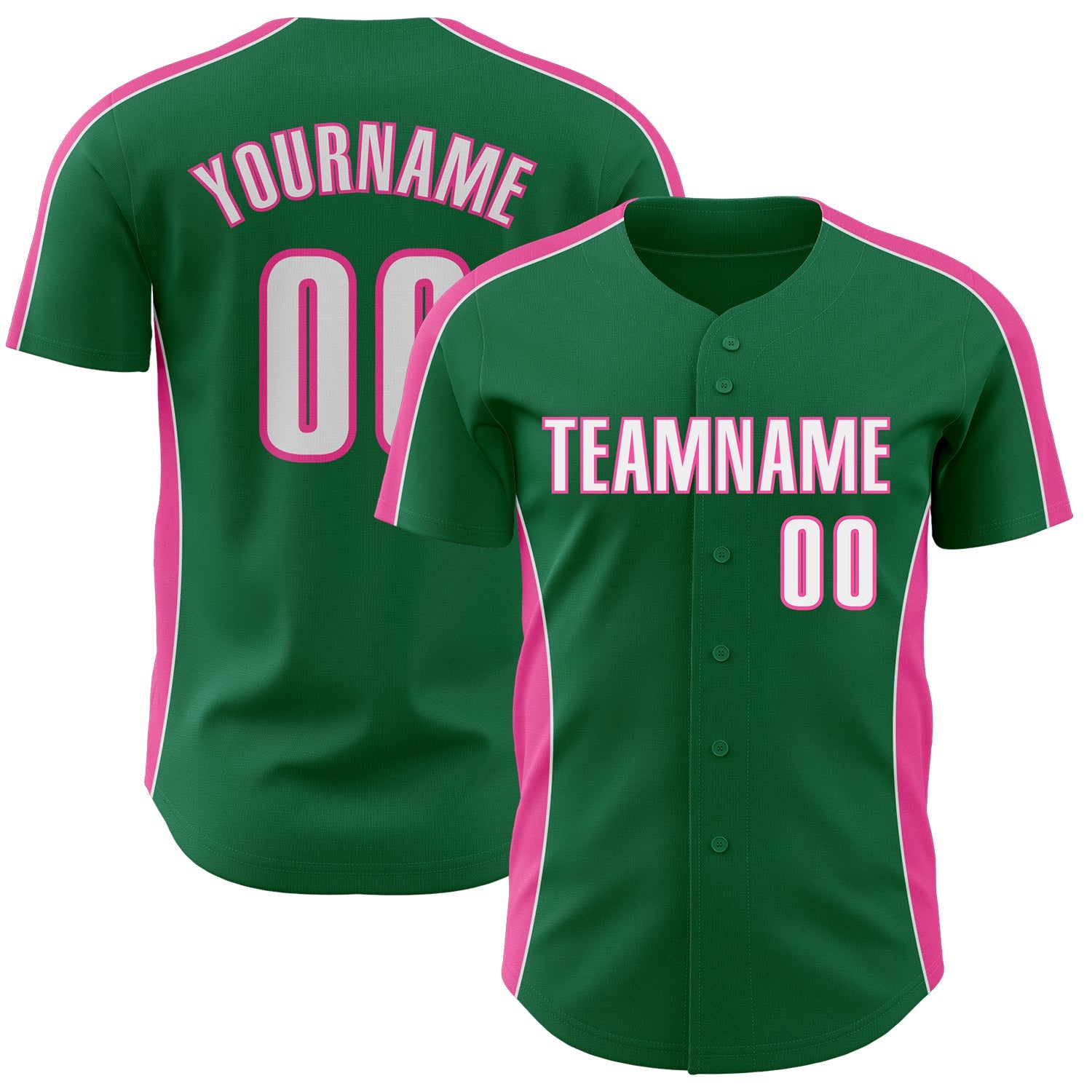 Custom Kelly Green White-Pink Classic Color Block Side Panel Stripe Authentic Baseball Jersey - Main View