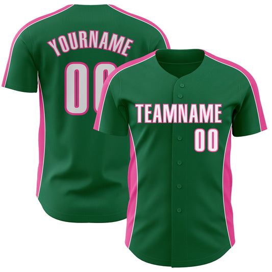 Custom Kelly Green White-Pink Classic Color Block Side Panel Stripe Authentic Baseball Jersey - Main View