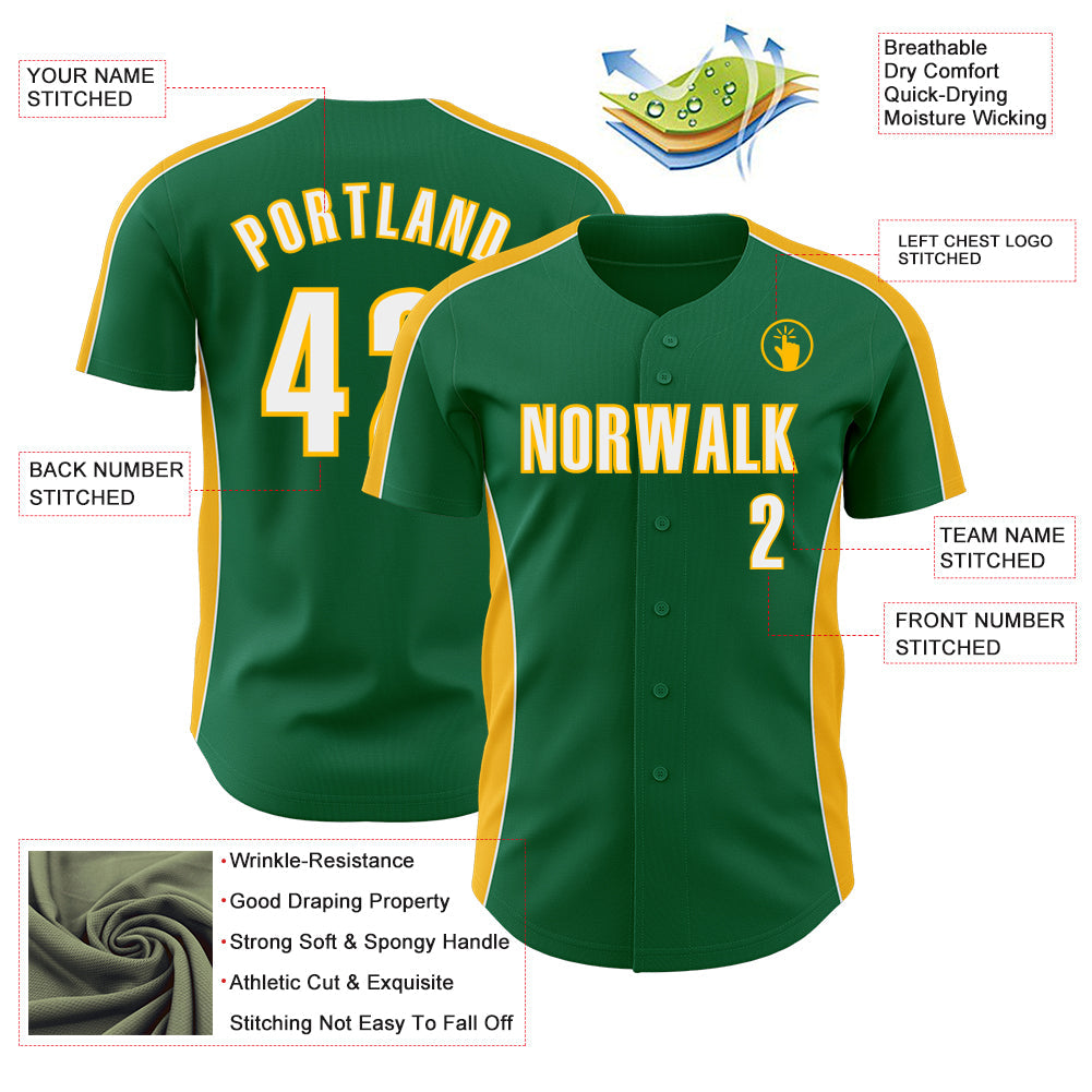 Custom Kelly Green White-Gold Classic Color Block Side Panel Stripe Authentic Baseball Jersey view 3
