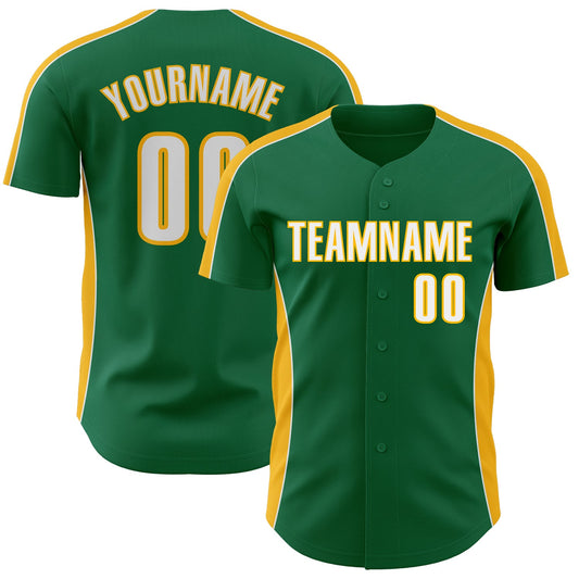 Custom Kelly Green White-Gold Classic Color Block Side Panel Stripe Authentic Baseball Jersey - Main View