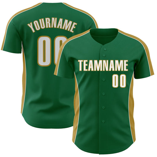 Custom Kelly Green White-Old Gold Classic Color Block Side Panel Stripe Authentic Baseball Jersey - Main View