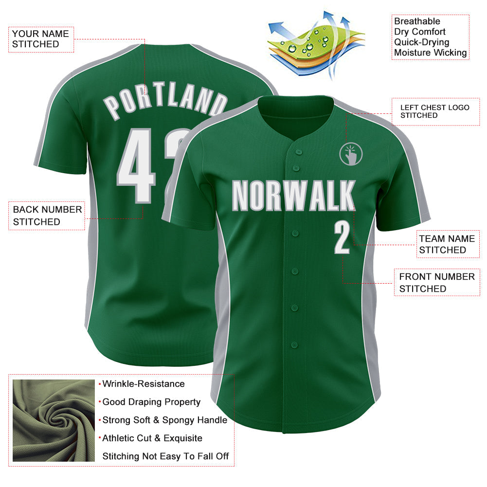 Custom Kelly Green White-Gray Classic Color Block Side Panel Stripe Authentic Baseball Jersey view 3