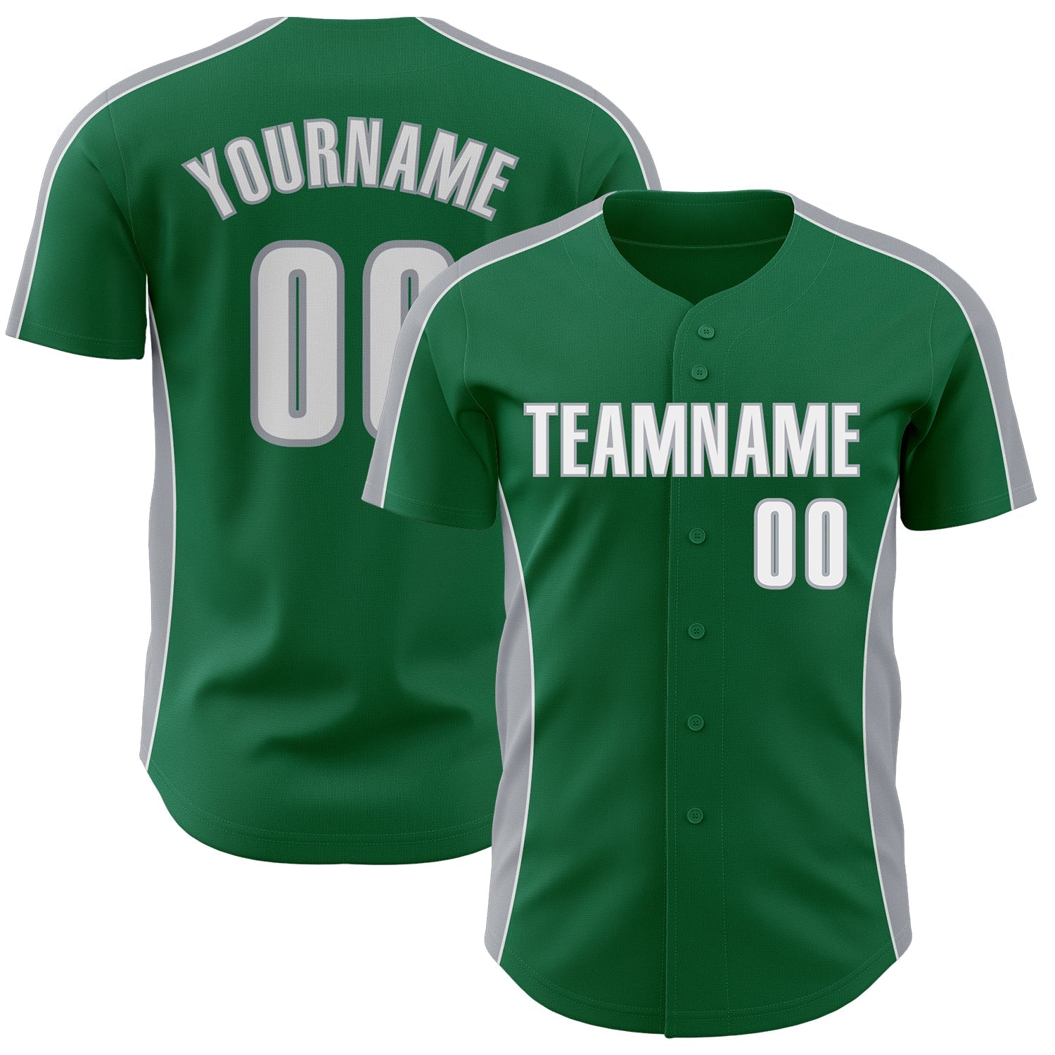 Custom Kelly Green White-Gray Classic Color Block Side Panel Stripe Authentic Baseball Jersey - Main View