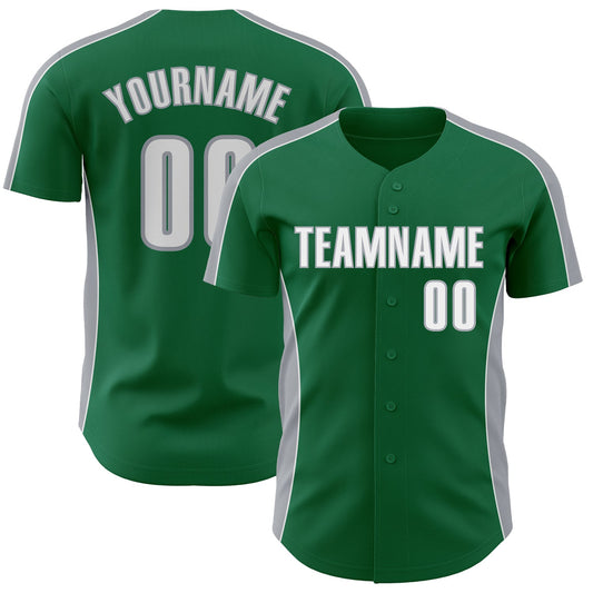 Custom Kelly Green White-Gray Classic Color Block Side Panel Stripe Authentic Baseball Jersey - Main View