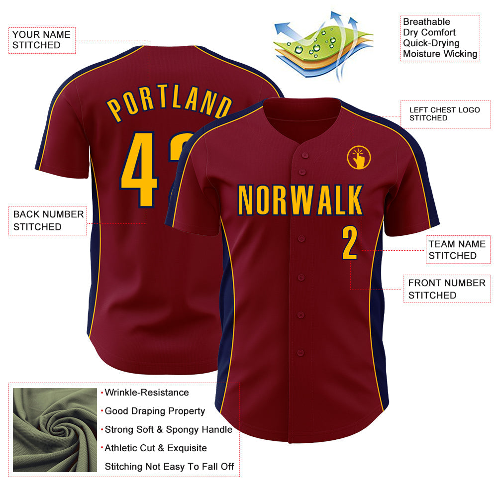 Custom Crimson Gold-Navy Classic Color Block Side Panel Stripe Authentic Baseball Jersey view 3