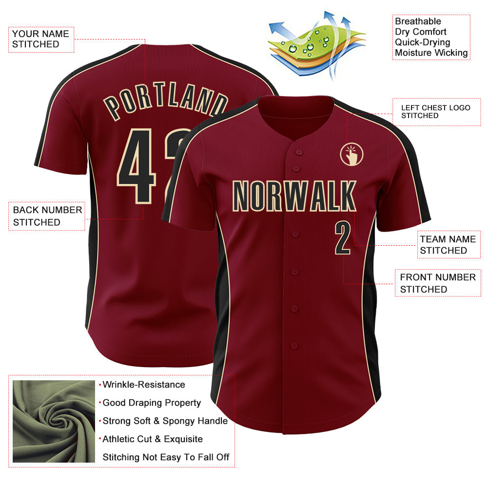 Custom Crimson Black-Cream Classic Color Block Side Panel Stripe Authentic Baseball Jersey view 3
