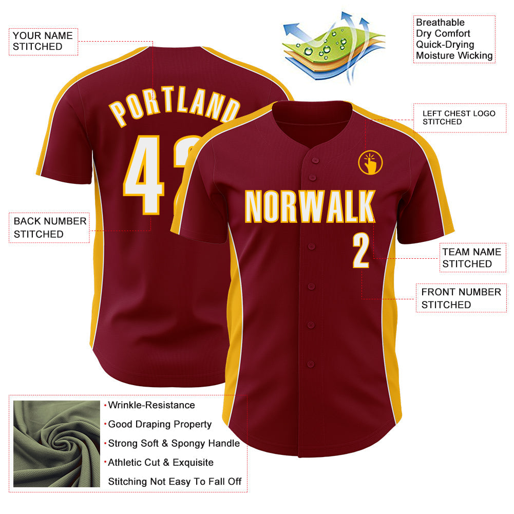 Custom Crimson White-Gold Classic Color Block Side Panel Stripe Authentic Baseball Jersey view 3