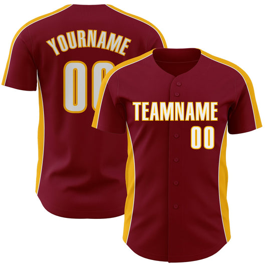 Custom Crimson White-Gold Classic Color Block Side Panel Stripe Authentic Baseball Jersey - Main View