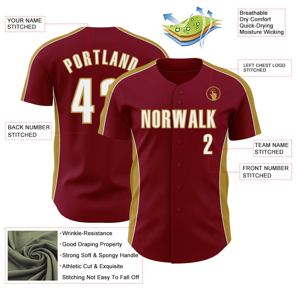 Custom Crimson White-Old Gold Classic Color Block Side Panel Stripe Authentic Baseball Jersey view 3