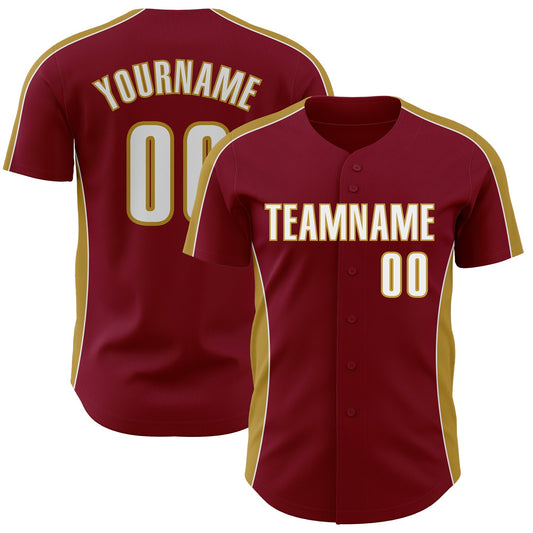 Custom Crimson White-Old Gold Classic Color Block Side Panel Stripe Authentic Baseball Jersey - Main View