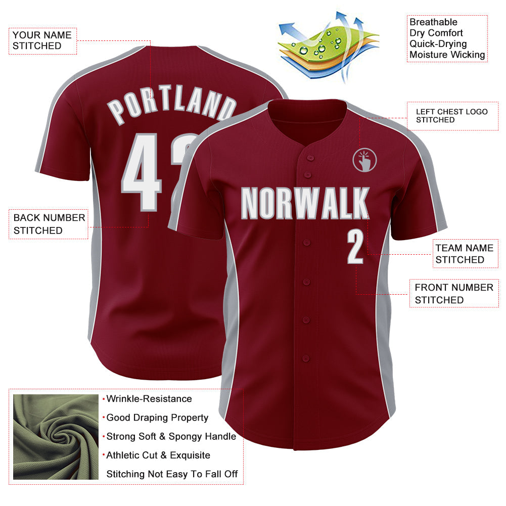 Custom Crimson White-Gray Classic Color Block Side Panel Stripe Authentic Baseball Jersey view 3