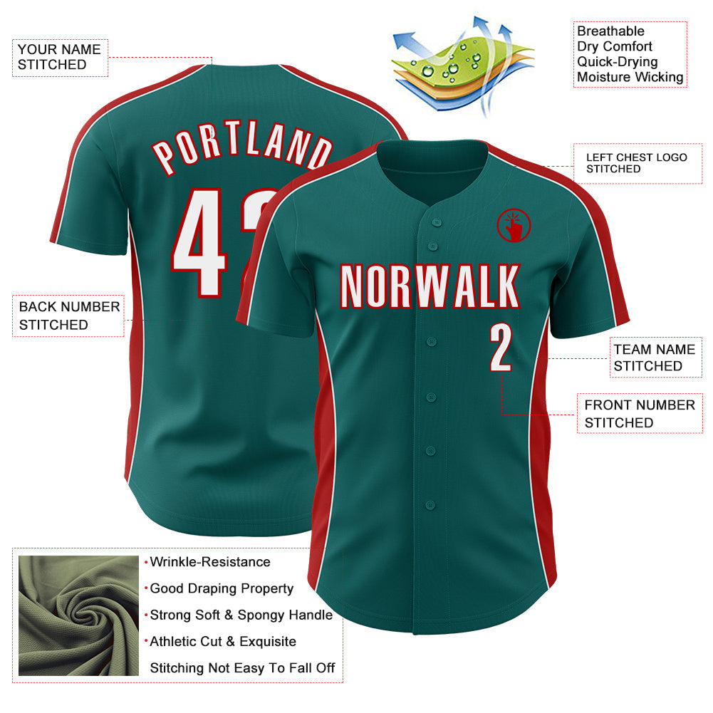 Custom Teal White-Red Classic Color Block Side Panel Stripe Authentic Baseball Jersey view 3