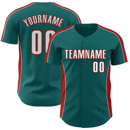 Custom Teal White-Red Classic Color Block Side Panel Stripe Authentic Baseball Jersey - Main View