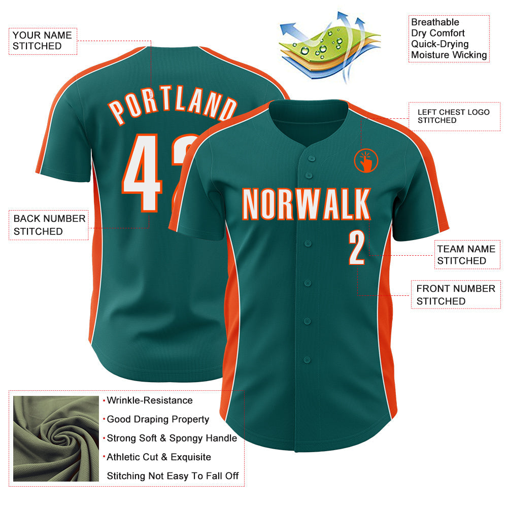 Custom Teal White-Orange Classic Color Block Side Panel Stripe Authentic Baseball Jersey view 3