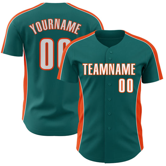 Custom Teal White-Orange Classic Color Block Side Panel Stripe Authentic Baseball Jersey - Main View