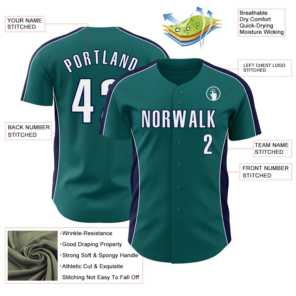 Custom Teal White-Navy Classic Color Block Side Panel Stripe Authentic Baseball Jersey view 3