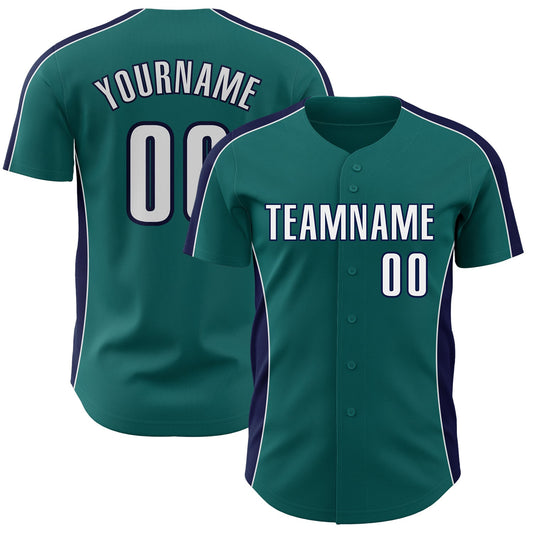 Custom Teal White-Navy Classic Color Block Side Panel Stripe Authentic Baseball Jersey - Main View