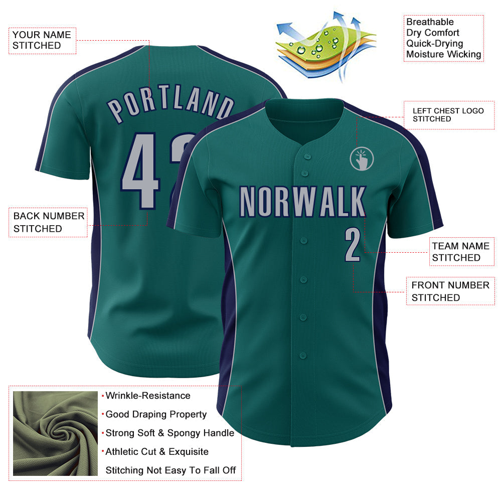 Custom Teal Gray-Navy Classic Color Block Side Panel Stripe Authentic Baseball Jersey view 3