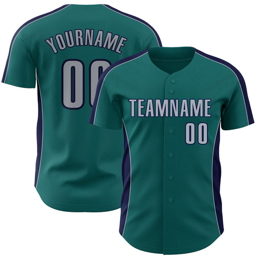 Custom Teal Gray-Navy Classic Color Block Side Panel Stripe Authentic Baseball Jersey - Main View