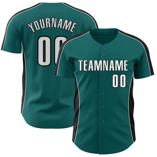 Custom Teal White-Black Classic Color Block Side Panel Stripe Authentic Baseball Jersey - Main View