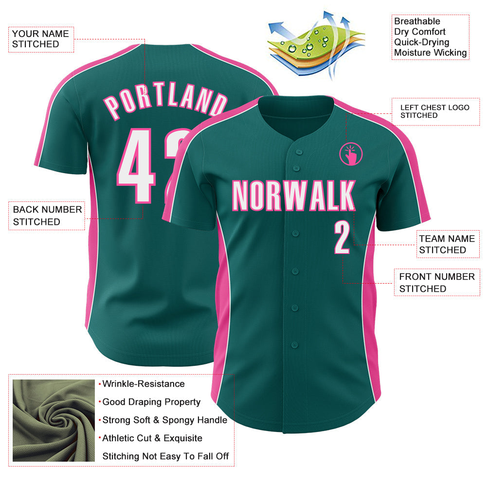 Custom Teal White-Pink Classic Color Block Side Panel Stripe Authentic Baseball Jersey view 3