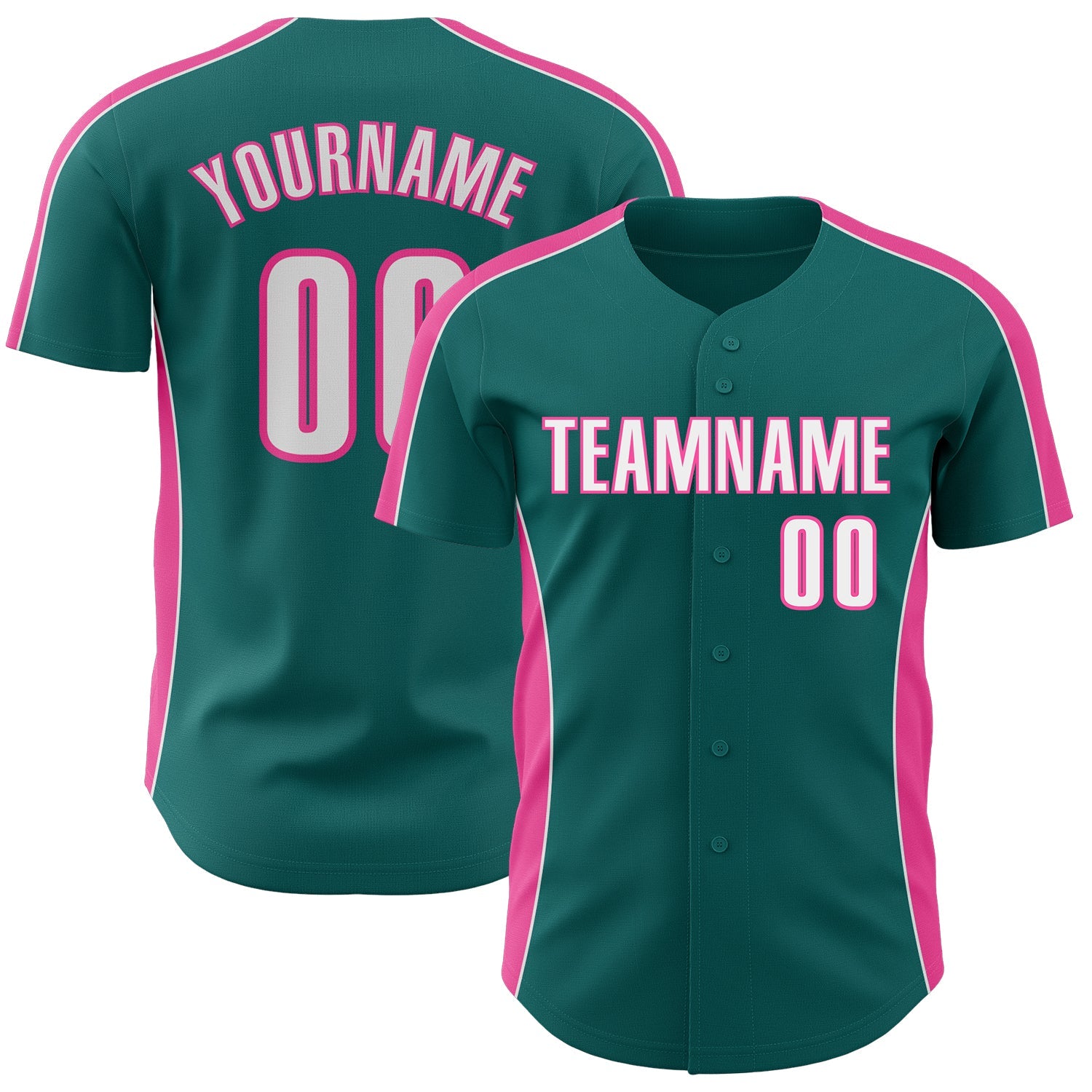 Custom Teal White-Pink Classic Color Block Side Panel Stripe Authentic Baseball Jersey - Main View