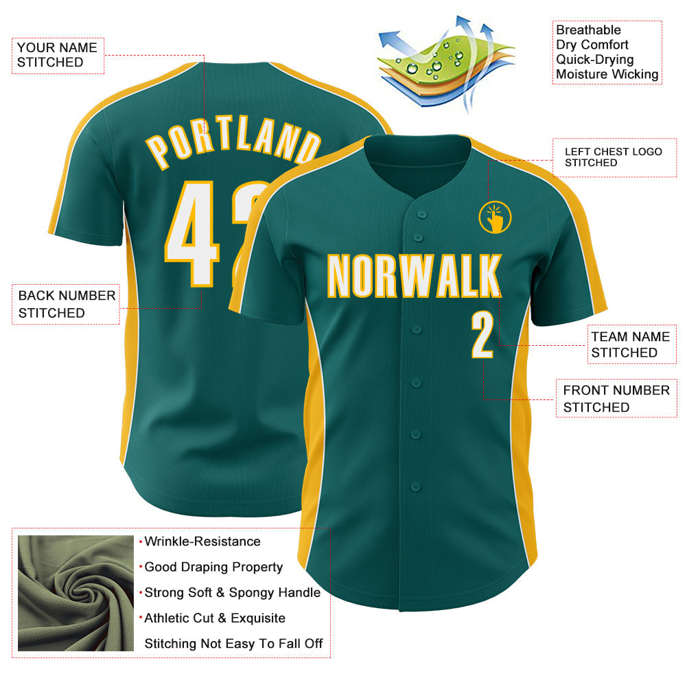 Custom Teal White-Gold Classic Color Block Side Panel Stripe Authentic Baseball Jersey view 3
