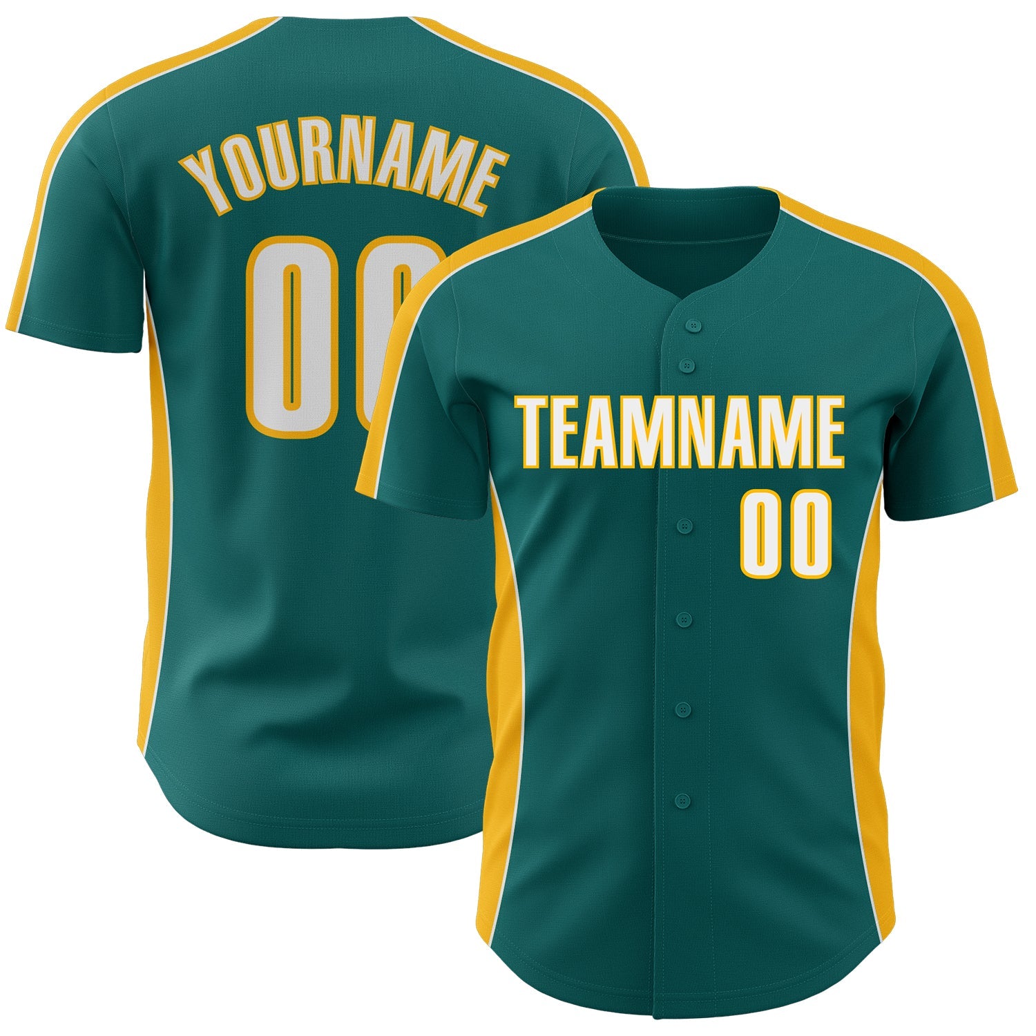 Custom Teal White-Gold Classic Color Block Side Panel Stripe Authentic Baseball Jersey - Main View