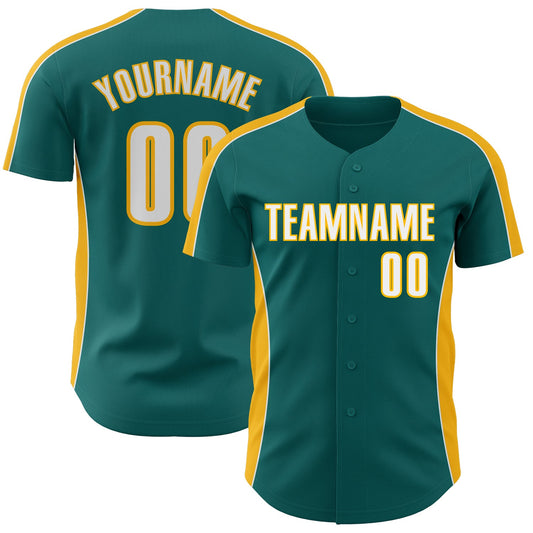 Custom Teal White-Gold Classic Color Block Side Panel Stripe Authentic Baseball Jersey - Main View