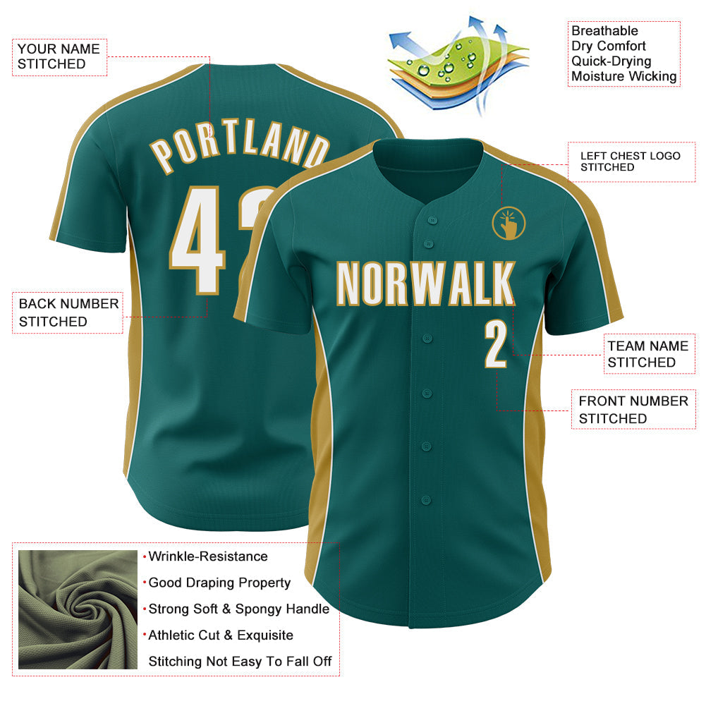 Custom Teal White-Old Gold Classic Color Block Side Panel Stripe Authentic Baseball Jersey view 3