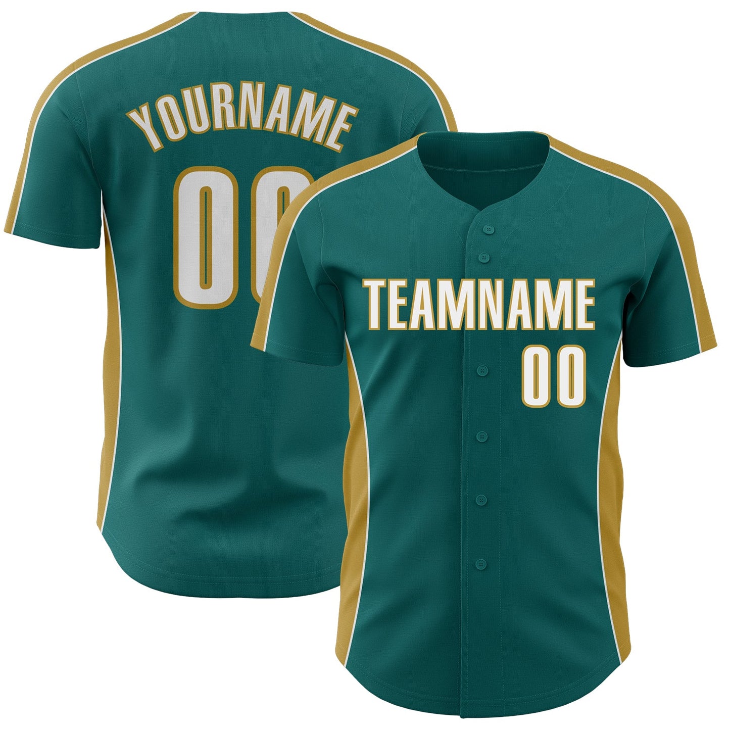Custom Teal White-Old Gold Classic Color Block Side Panel Stripe Authentic Baseball Jersey - Main View