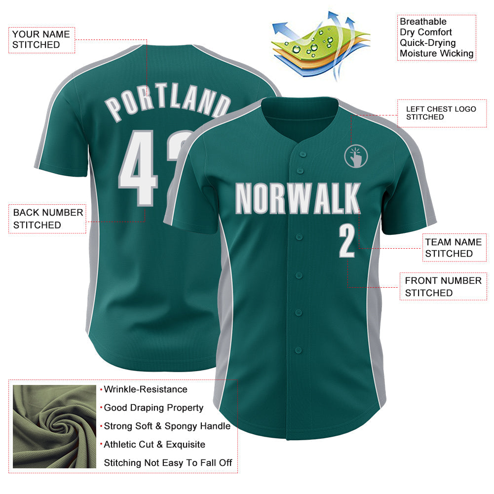 Custom Teal White-Gray Classic Color Block Side Panel Stripe Authentic Baseball Jersey view 3