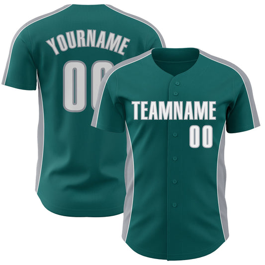 Custom Teal White-Gray Classic Color Block Side Panel Stripe Authentic Baseball Jersey - Main View